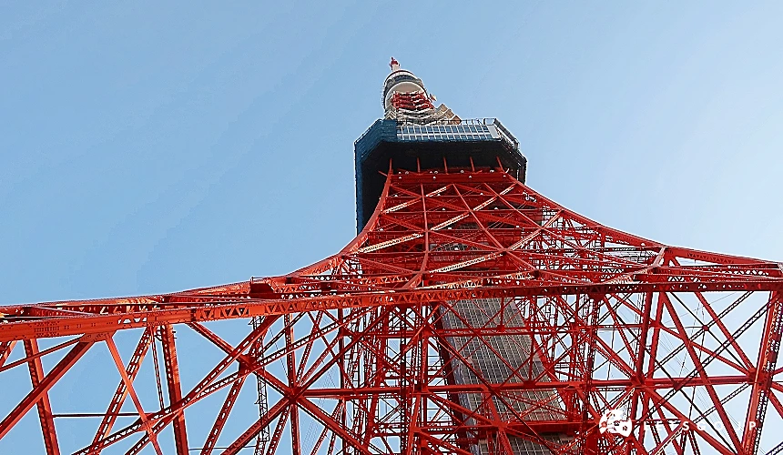紅色鋼骨結構的東京鐵塔從下仰望格外壯觀