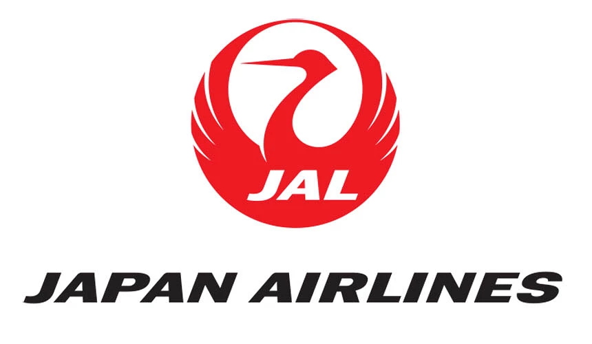 日本航空的紅色 logo,下方用黑字寫有英文