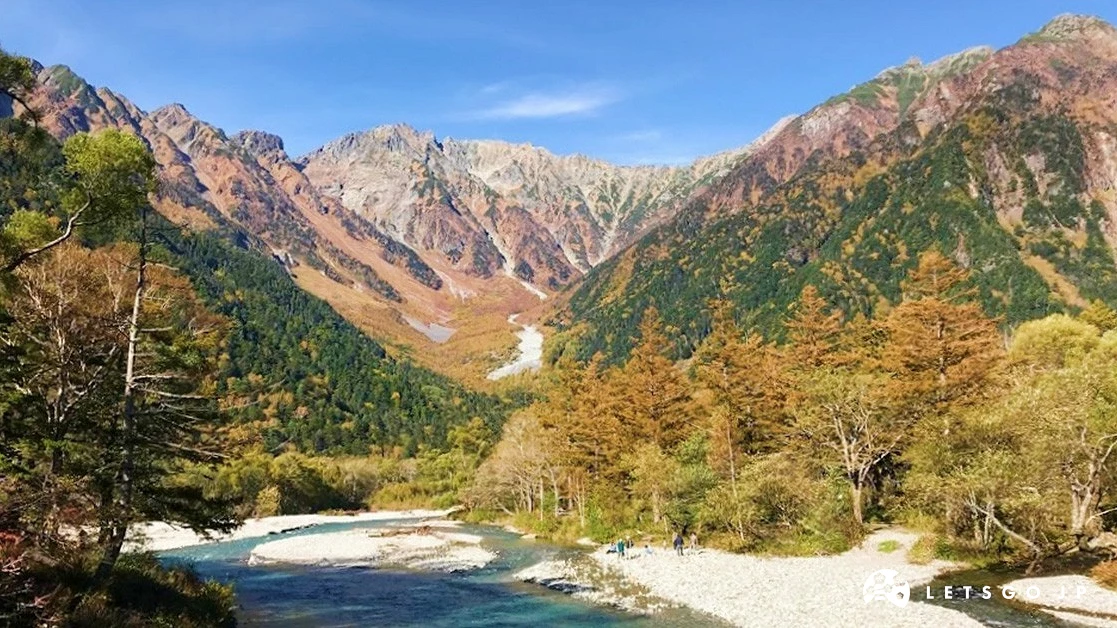 秋天上高地楓紅搭配山谷溪流在山谷間流動的景觀