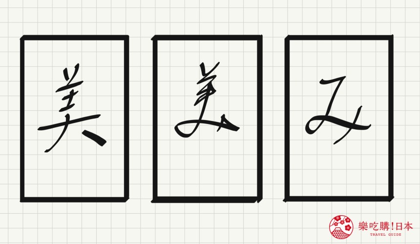 日語平假名「み」源自於「美」的示意圖
