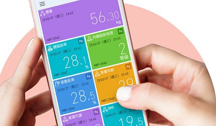 手機App顯示體脂計測量數據,包括體重與體脂率等資訊