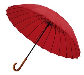 紅色長柄雨傘展開,木製彎柄設計呈現傳統風格