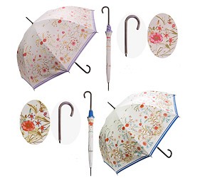 多款彩色花卉圖案雨傘展開與收納並排展示款式變化
