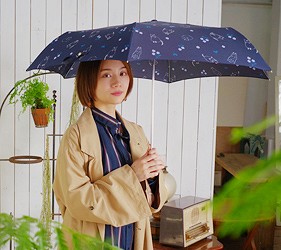 女性撐深藍色點點雨傘站在戶外,呈現遮雨效果