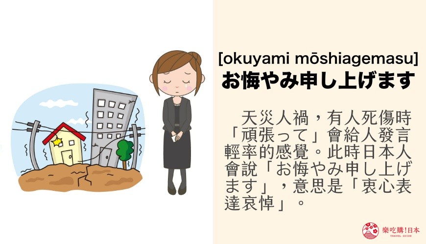 日文「お悔やみ申し上げます」讀音與意思「衷心表達哀悼」示意圖