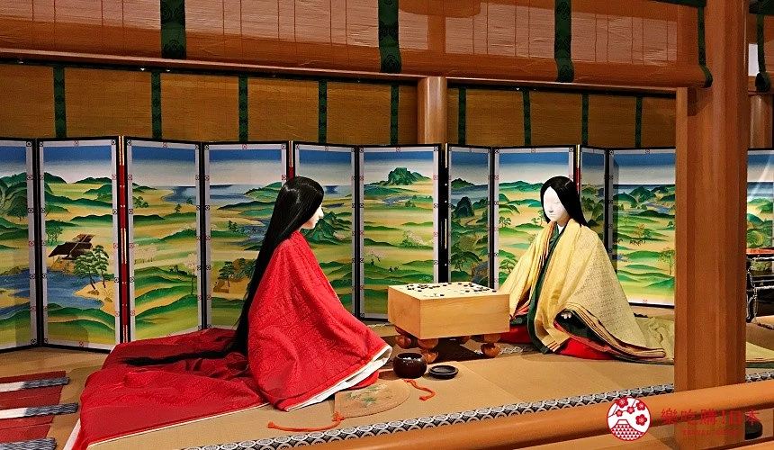 兩位身著平安時代華麗衣裝的人偶,對坐於榻榻米和室中,以棋盤對弈,背後是一幅繪有山水風景的多摺屛風。
