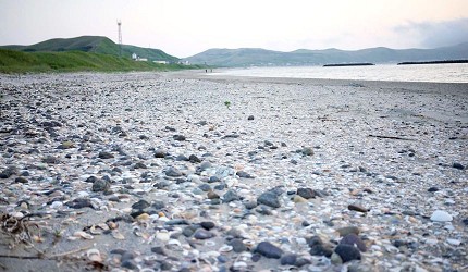 海灘上散落許多石頭與貝殼,遠方可見燈塔與山丘