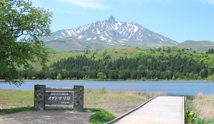 湖畔入口石碑寫有「オタトマリ沼」,後方可見雪山與湖景
