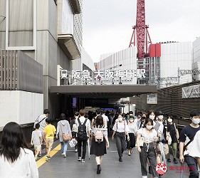 大阪車站轉車梅田車站轉乘大阪交通教學梅田交通路線出口整理文章大阪車站轉乘前往阪急電鐵HEP-FIVE摩天輪圖