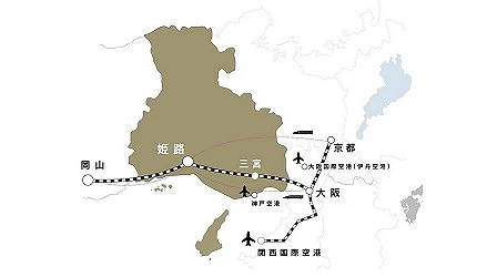 關西地區前往姬路交通地圖,包含大阪、神戶、岡山至姬路的交通路線