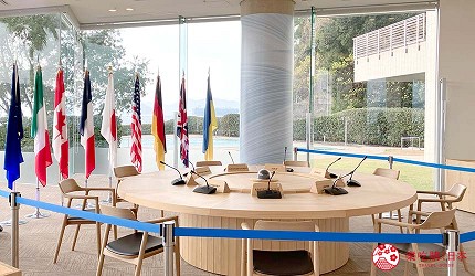 廣島格蘭王子大飯店內展示2023年G7廣島峰會的會議桌