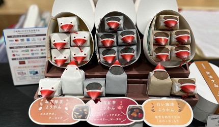 金澤文鳥羊羹展示，加賀紅茶與白咖啡口味和菓子