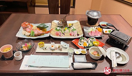 湯宿一番地晚餐示意圖，有金目鯛熱海煮鮑魚生魚片