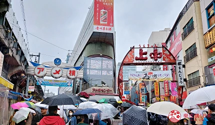 熱鬧的日本商店街道，兩旁商店林立，街道上方有遮雨棚，可見許多遊客在逛街購物