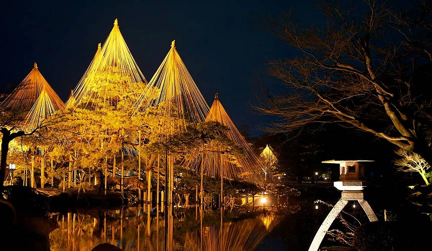 石川縣金澤兼六園秋季夜間景觀,徽軫石燈籠與雪吊松樹在燈光映照下,倒映於池水中展現優雅之美