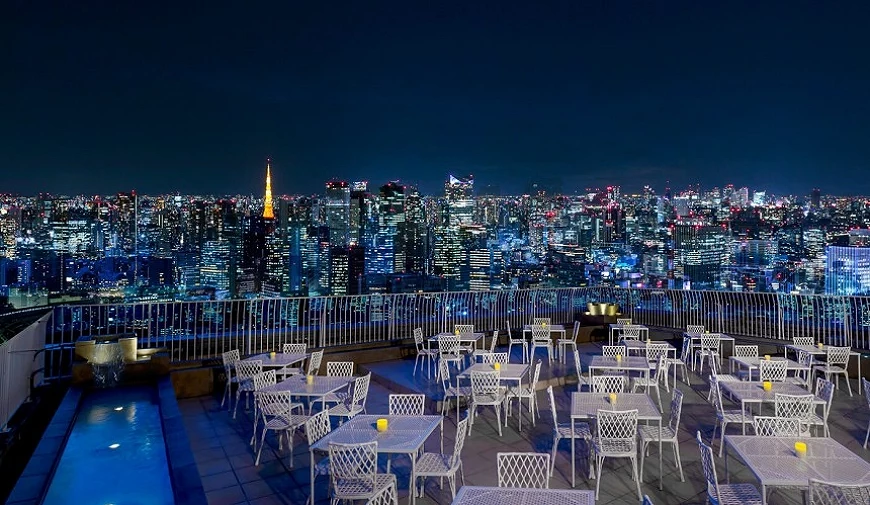 高樓露天餐廳夜景,擺放整齊的白色桌