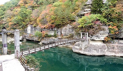 塔崖吊橋橫跨碧綠溪谷,兩岸紅葉倒映水中,景色迷人