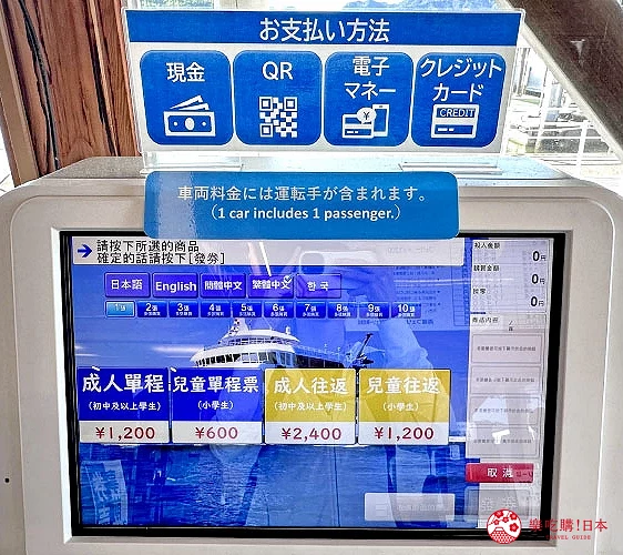 售票機螢幕顯示渡輪票價與支付方式