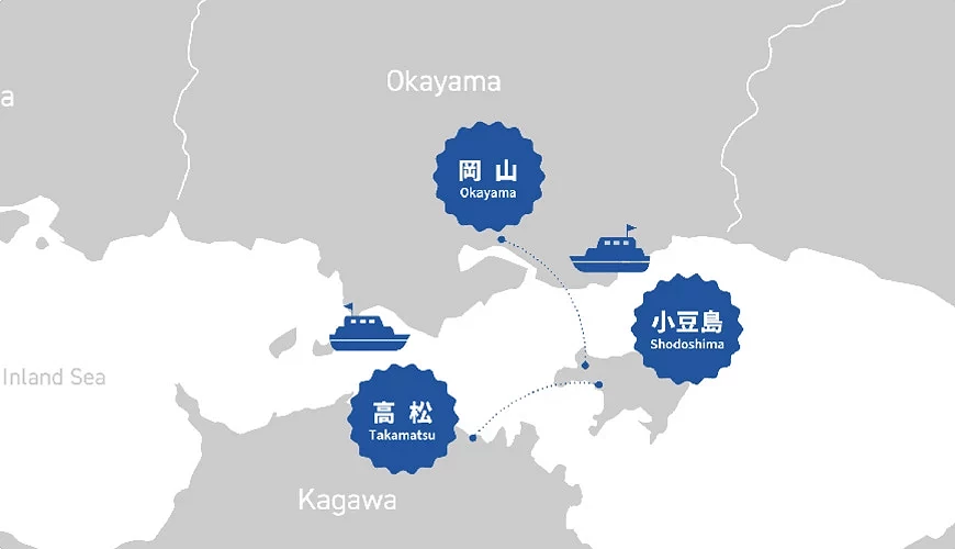 地圖顯示岡山、高松與小豆島之間的航線路線
