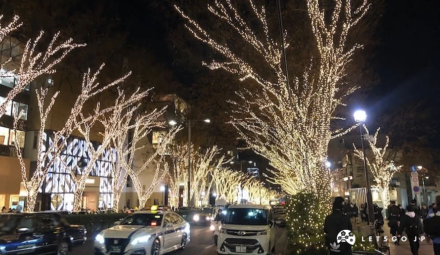 夜間的表參道,掛滿燈飾的樹和車水馬龍街道