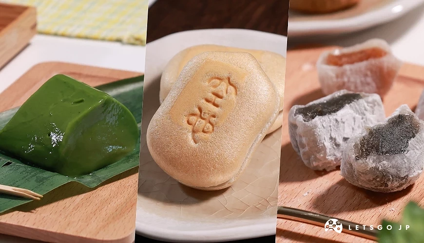 由左到右:「銀座和也」かずやの煉(Kazuyano Ren)抹茶、「空也」最中餅、「清月堂本店」ごまもち