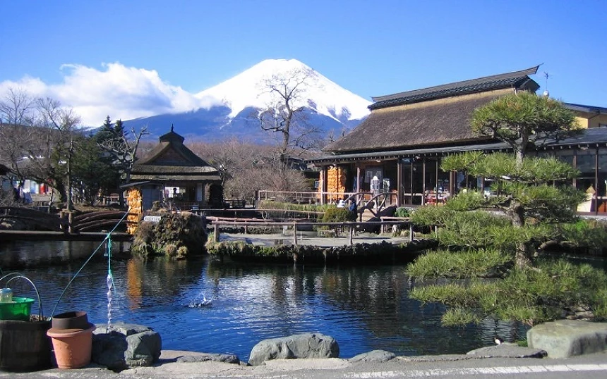 從忍野八海看見山頂積雪的富士山