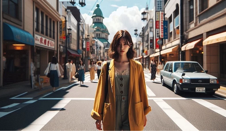 一名女子穿著秋天服飾走在街道上