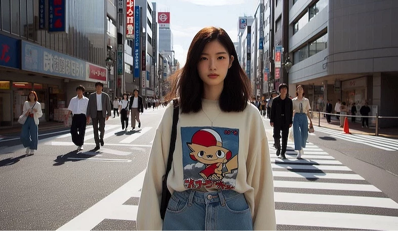 一名女子穿著秋天服飾走在街道上