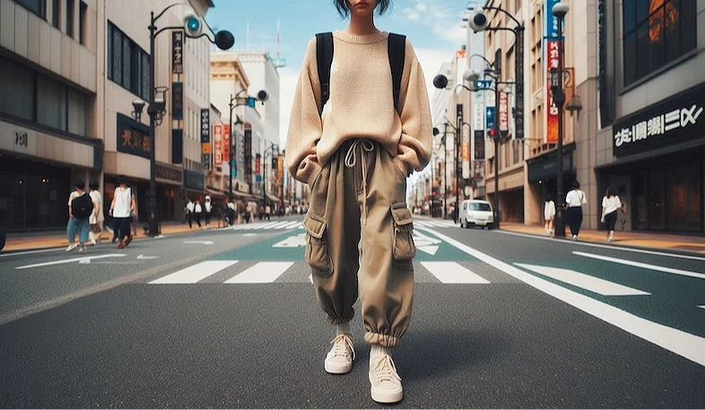 一名女子穿著秋天服飾走在街道上
