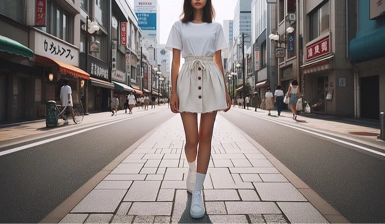 一名女子穿著夏天服飾走在街道上