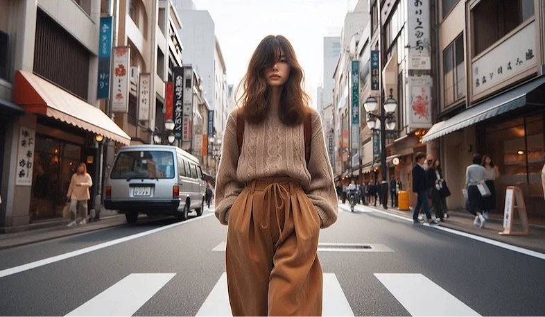 一名女子穿著春天服飾走在街道上
