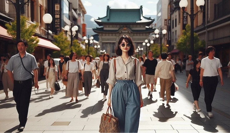 一名女子穿著春天服飾走在街道上