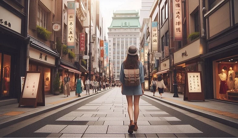 一名女子穿著春天服飾走在街道上