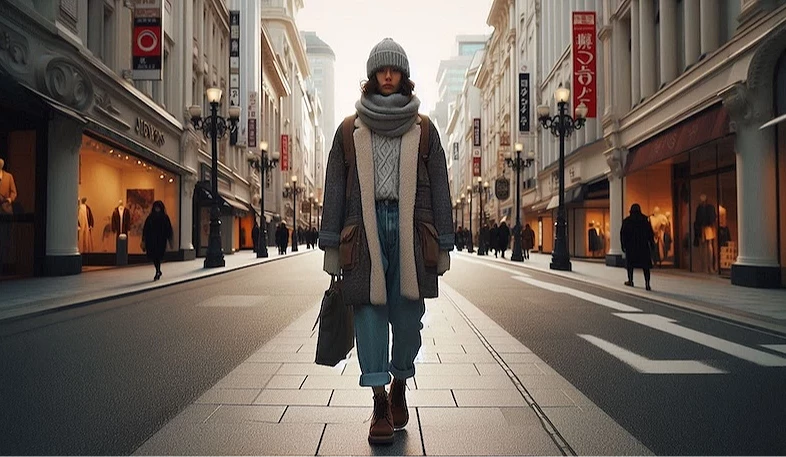 一名女子穿著冬天服飾走在街道上