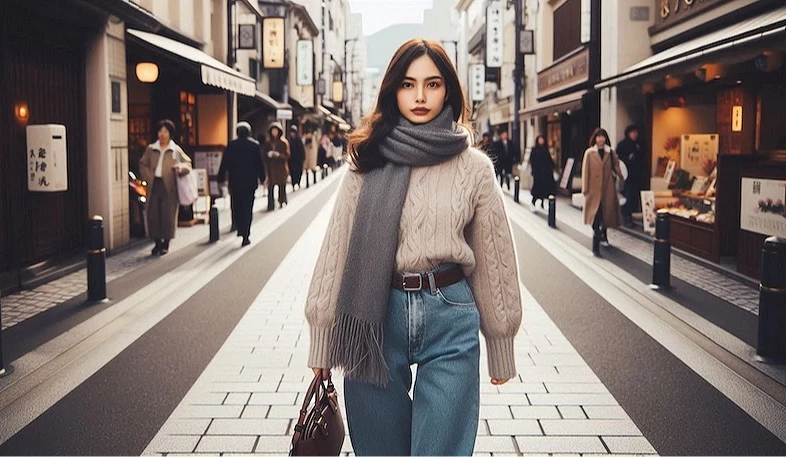 一名女子穿著冬天服飾走在街道上