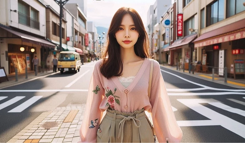 一名女子穿著夏天服飾走在街道上