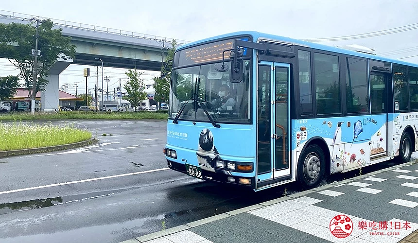 巴士的外觀,車身為藍色,有企鵝圖案