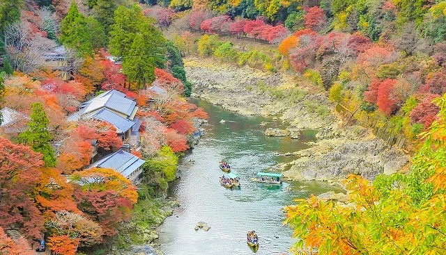 從俯視角度看保津川遊船行駛在川上的風貌