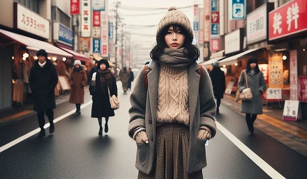 女子穿著冬天服飾走在日本街道