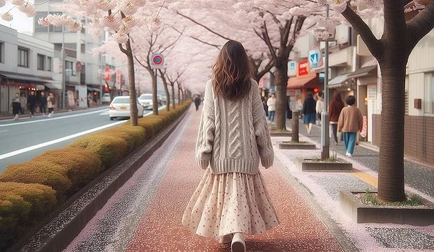 女子穿著春天服飾走在日本街道