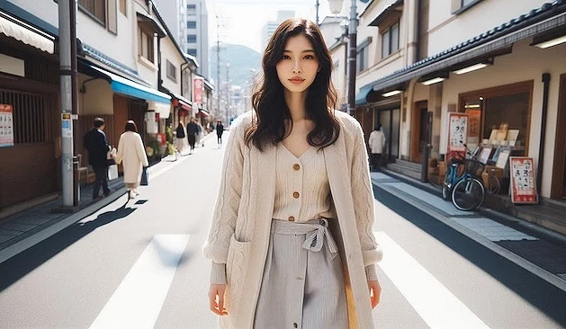 女子穿著春天服飾走在日本街道