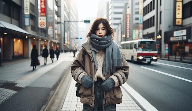 女子穿著冬天服飾走在日本街道
