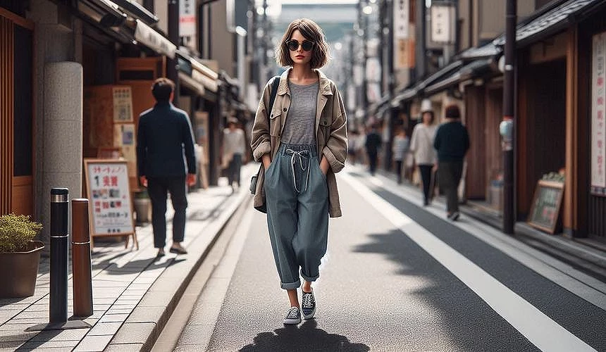 一個女生穿著秋季服飾走在街道上
