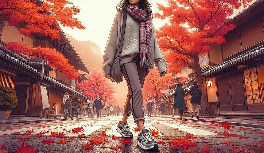 一個女生穿著秋季服飾走在街道上