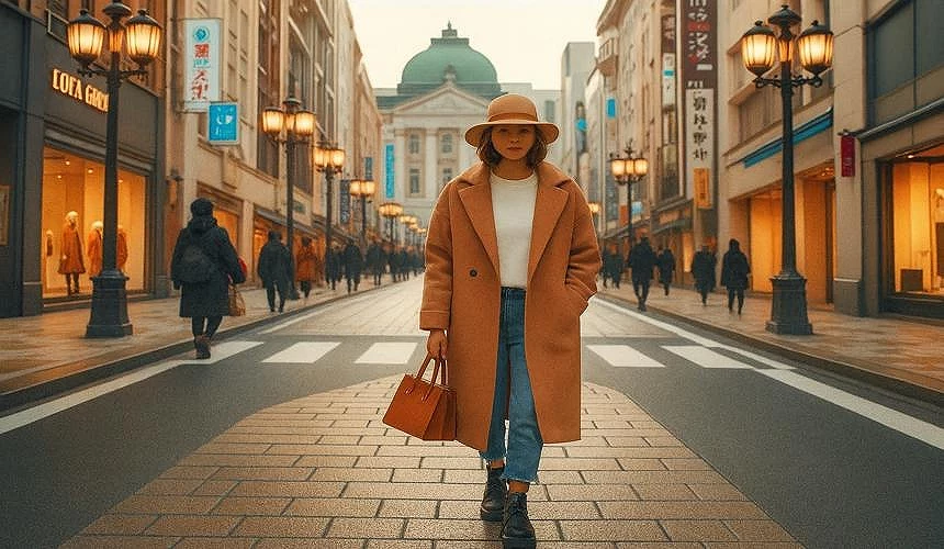 一個女生穿著秋季服飾走在街道上