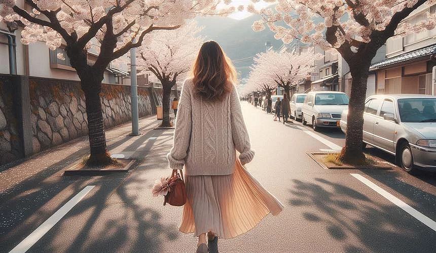 一個女生穿著春季服飾走在街道上