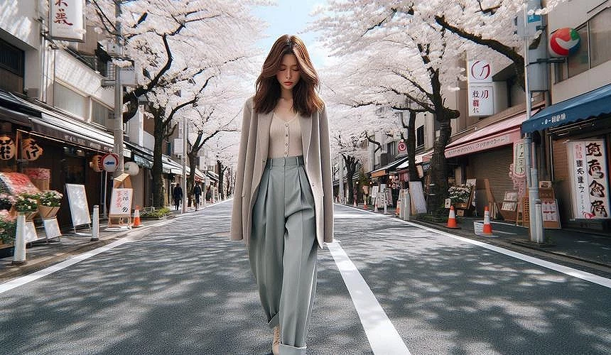 一個女生穿著春季服飾走在街道上