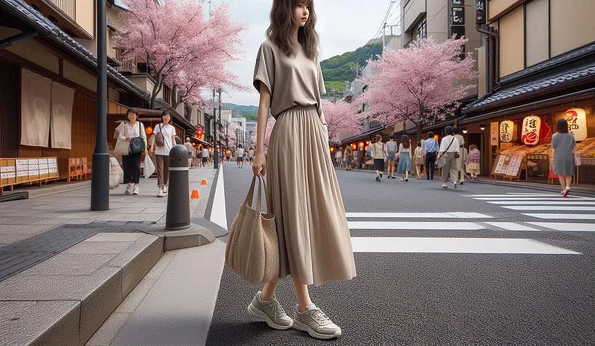 一個女生穿著春季服飾走在街道上
