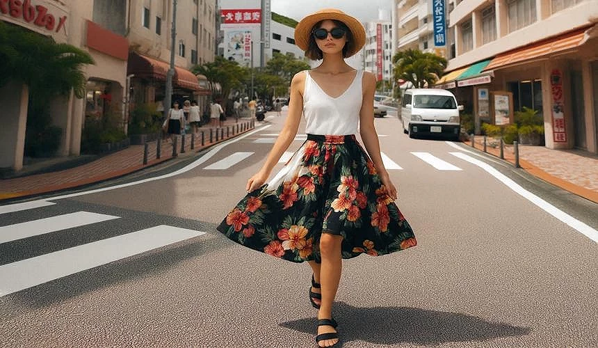 一個女生穿著夏季服飾走在街道上