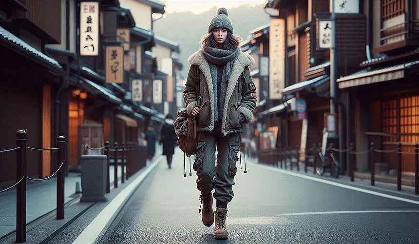 一個女生穿著冬季服飾走在街道上